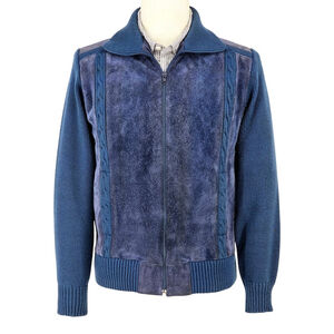 Vintage Royal Knight Leather Knit Jacket Mens Medium Blue Suede Zip